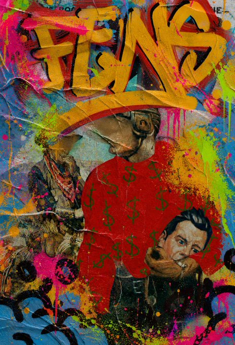 Colorful street art mural featuring a figure in a red shirt, dollar signs, spray-painted 'FUNS' text, and a stylized portrait.
