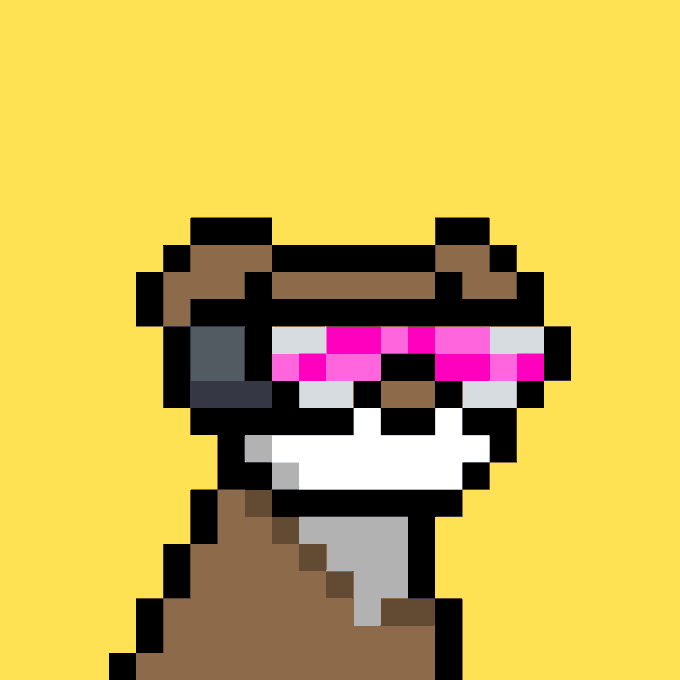 A pixel-art character wearing a pink visor and white clothing stands against a solid yellow background.