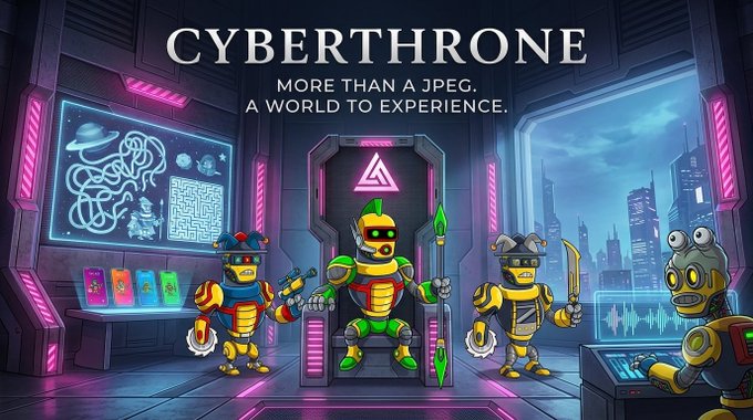 Promotional artwork for 'CYBERTHRONE - MORE THAN A JPEG. A WORLD TO EXPERIENCE.' features cartoon robot characters in a futuristic neon-lit room with cityscape views and digital displays.