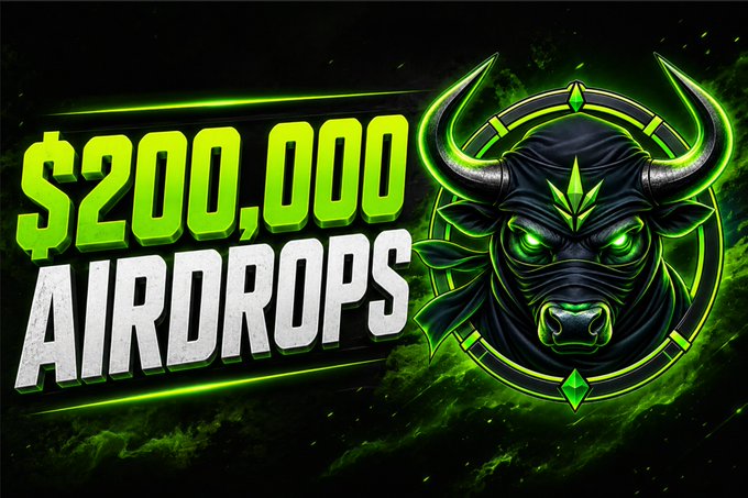 A bold green and black promotional graphic announces "$200,000 AIRDROPS" alongside a fierce bull-headed ninja mascot with glowing green eyes, designed to support a cryptocurrency giveaway campaign for the $NINJABULL token. The striking visual reinforces the airdrop instructions by using the project's bull-themed branding and a "Ninjabull" emblem to attract participants to drop their SOL wallet addresses.