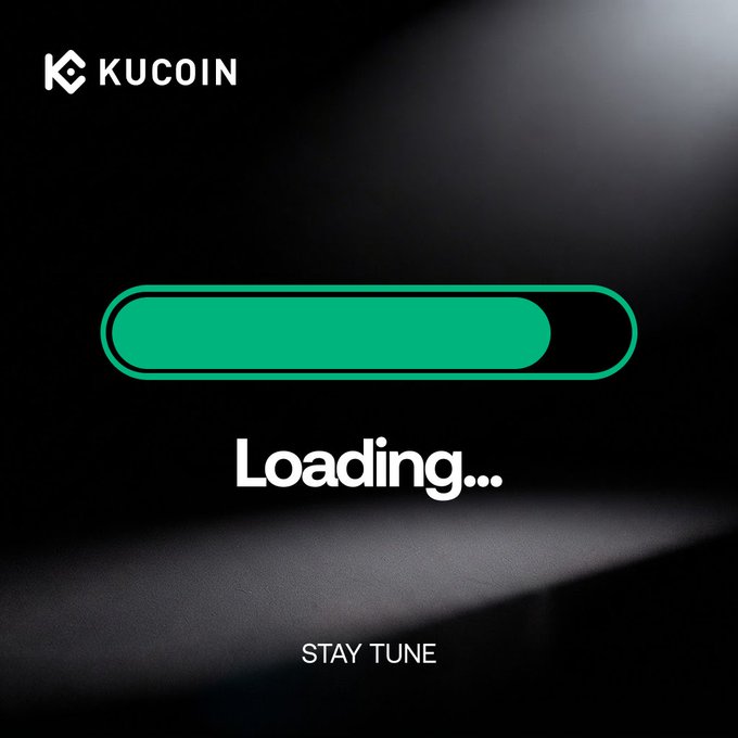 A sleek loading screen for KuCoin featuring its logo, a partially filled teal progress bar, and "Loading..." text, reinforcing the post's teasing message about an upcoming platform upgrade with the tagline "STAY TUNE."