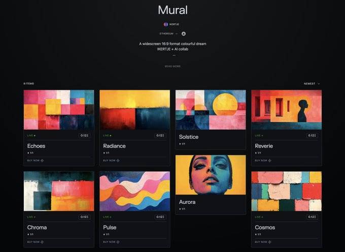 A NFT marketplace page titled "Mural" by VERTUE featuring a 16:9 widescreen colorful dream format AI collab, displaying various artworks like Echoes, Radiance, Solstice, Reverie, Chroma, Pulse, Aurora, and Cosmos.