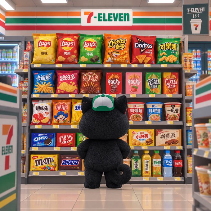 A black cat mascot wearing a green and white cap stands in a 7-Eleven convenience store facing shelves stocked with snacks including Lay's, Cheetos, Doritos, Pocky, Pretz, Oreo, KitKat, M&M's, and Snickers, along with beverages like Pocari Sweat and Coca-Cola.