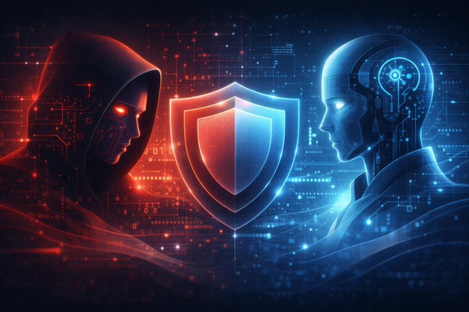 A digital artwork showing a red hooded hacker figure and a blue cyborg face in profile, separated by a glowing central shield symbol.