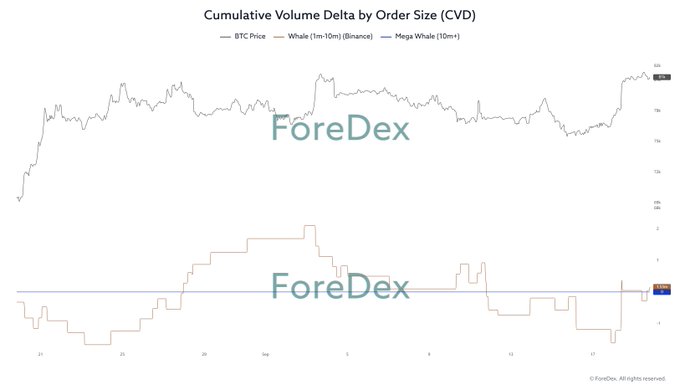 A ForeDex chart showing Cumulative Volume Delta by Order Size (CVD) for BTC, tracking Whale (1m-10m) and Mega Whale (10m+) Binance order volumes against BTC price.