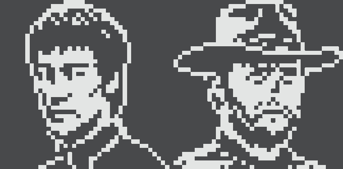 A black-and-white pixel art image depicting two stylized character portraits side by side on a dark blue background.