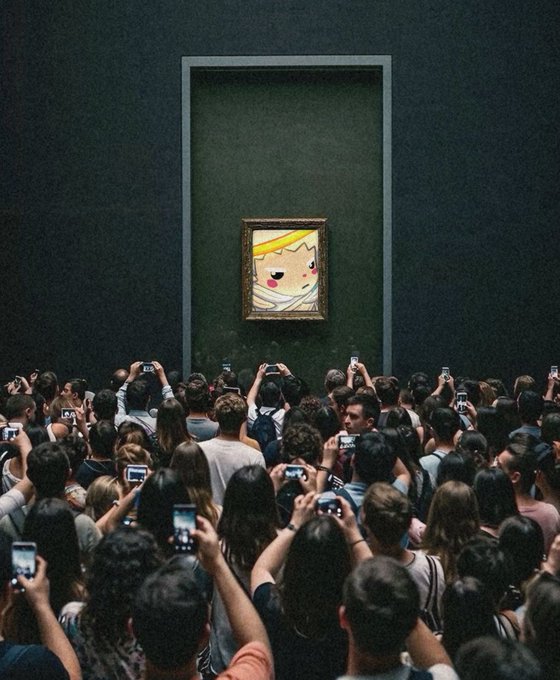A crowd of museum-goers hold up smartphones to photograph a cartoonish, framed "Chog" portrait in an ornate frame on a dark green gallery wall, evoking a highbrow art exhibit despite its playful subject. The image humorously mirrors the post's claim that Chog NFTs are a legitimate "work of art" by parodying the reverence typically reserved for classical masterpieces.