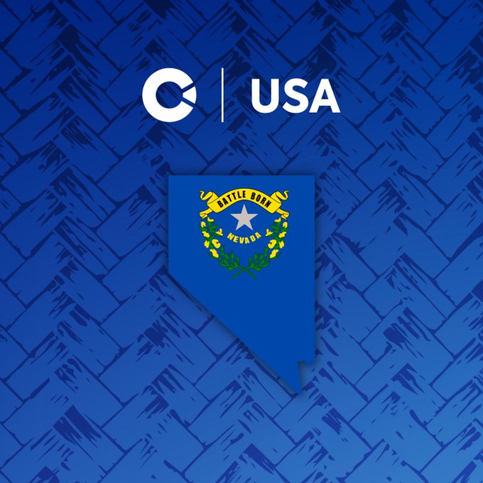 A graphic displays a Coinbase 'C | USA' logo above a blue pin featuring the Nevada state flag with 'Battle Born' text.