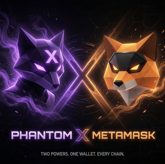 A graphic shows two polygonal animal heads facing each other — a purple "Phantom" wolf on the left and an orange "MetaMask" fox on the right — with the text "PHANTOM X METAMASK" and the tagline "TWO POWERS. ONE WALLET. EVERY CHAIN." The image celebrates Phantom and MetaMask removing their spam/malicious warning from the $VEIL token, symbolizing the end of that friction.