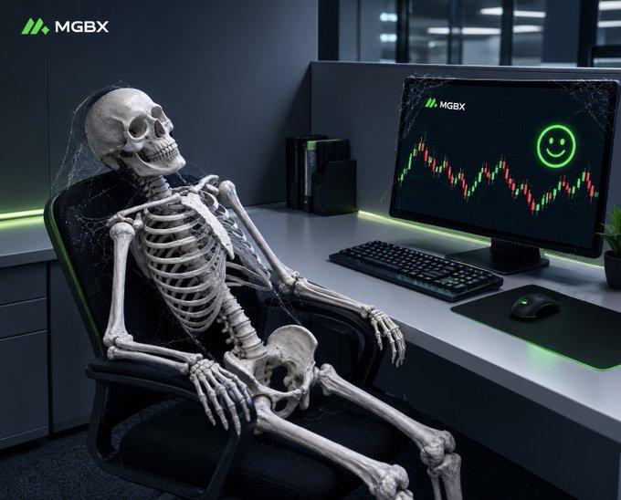 A skeleton sits slumped in a web-covered office chair facing a monitor with a MGBX logo, displaying a candlestick chart and a green smiley face. The image humorously illustrates the "Hodl 100x coin" message, depicting a long-dead trader who waited so long for astronomical gains that they turned into a skeleton, still patiently watching the charts.