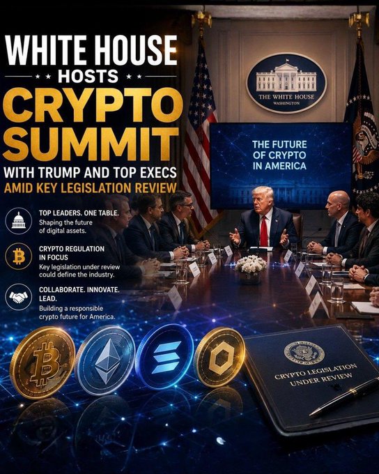A political graphic titled 'WHITE HOUSE HOSTS CRYPTO SUMMIT WITH TRUMP AND TOP EXECS AMID KEY LEGISLATION REVIEW' depicting Donald Trump at a conference table with executives, featuring Bitcoin, Ethereum, Solana, and other crypto logos, plus a 'CRYPTO LEGISLATION UNDER REVIEW' binder.