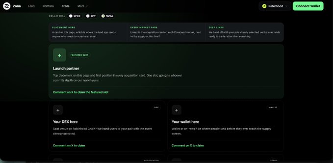 A dark-themed webpage from 'Zona' showing a Lend section with user 'Robehod' logged in, featuring featured slots including 'Launch partner,' 'Your DEX here,' and 'Your wallet here,' all asking users to 'Comment on X to claim' their spots.