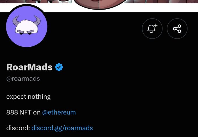 The image shows a Twitter profile for "RoarMads" (@roarmads), a verified NFT collection featuring a bull-headed avatar with the bio "expect nothing" and "888 NFT on @ethereum," with a Discord link to discord.gg/roarmads. This aligns with the accompanying post, which confirms the project has an 888 supply and is launching on the Ethereum (ETH) blockchain.