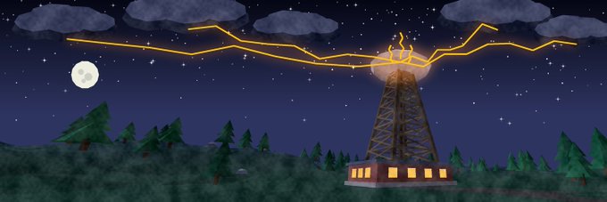 A 2D animated night scene depicting a radio tower emitting yellow lightning-like waves toward the stars, with a full moon in the background and pine trees in the foreground.
