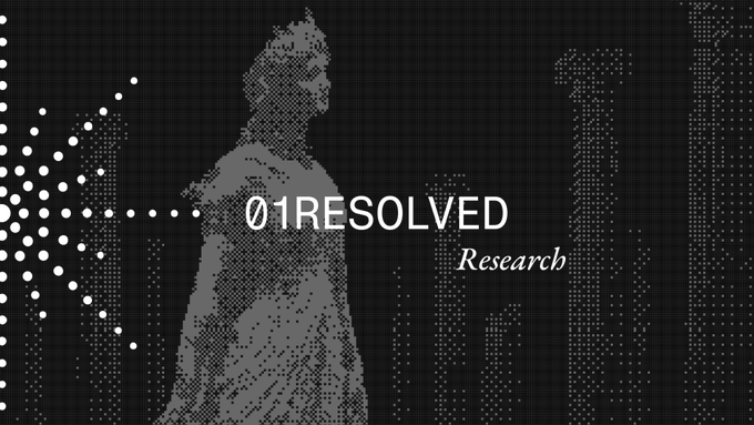 A pixelated grayscale graphic of a human figure with the text '01RESOLVED' and 'Research' overlaid on a dark background.
