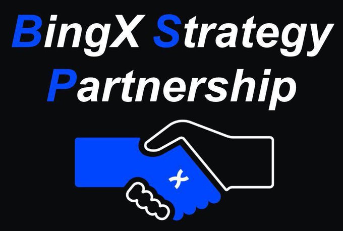 A graphic with a black background displaying the text 'BingX Strategy Partnership' in blue and white, accompanied by an illustration of a handshake.