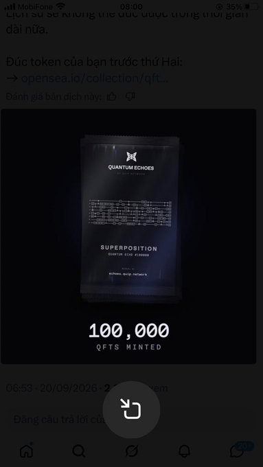 A screenshot of a phone notification in Vietnamese about a token drop, showing a 'QUANTUM ECHOES' card and 'SUPERPOSITION' text with '100,000 QFTS MINTED'.