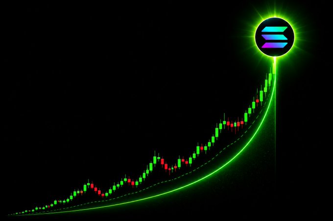 A digital illustration showing a sharply rising green candlestick stock chart on a black background, with a Solana (SOL) logo at the peak, suggesting a strong bullish price trend.