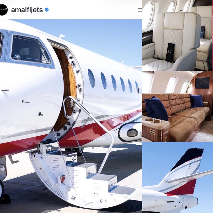The image is a collage showcasing a private jet, featuring exterior views of the aircraft with its boarding stairs deployed and tail section, alongside interior shots highlighting luxury cream-colored quilted leather seats and a brown sofa with blue pillows. The "@amalfijets" handle is visible, with the post promoting $KTA blockchain-powered crypto payment integration for jet card reservations and on-demand charters.