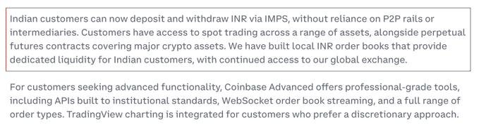 The image shows a post about a website called Coinbase that has successfully adapted to local customs by offering APIs for customers in India, allowing them access to spot trading across a range of assets, including local Indian Rupees (INR). The post also mentions that the website is built on international standards and has been integrated into the customer's account.