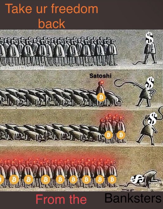 A four-panel cartoon meme titled 'Take ur freedom back From the Banksters' showing figures representing Satoshi and Bitcoin defeating a dollar-sign figure.