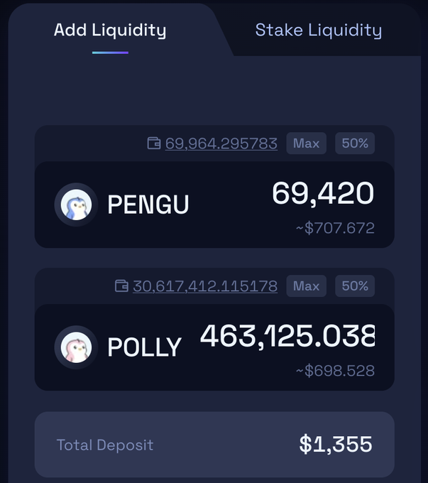 A cryptocurrency liquidity interface showing options to 'Add Liquidity' and 'Stake Liquidity', with PENGU at 69,420 (~$707.672) and POLLY at 463,125.038 (~$698.528), totaling a deposit of $1,355.