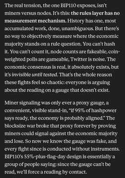 A page of text discussing the BIP110 proposal, miner signaling dynamics, and the economic consensus mechanism in Bitcoin, highlighting arguments about flag-day designs, proxy gauges, and the 55% threshold for activation.