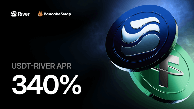 The image features two coins - one green and one blue - placed next to each other against a black background. The text "USDT-RIVER APR 340%", which reads "Usd-River Appr 340%", is written in white at the bottom of the image, with the coins positioned above it. The caption below the coins states that there are two different types of users who can find their own place within the ecosystem: those focused on stablecoin adoption and payments, and others who enjoy accumulating $RIVER with a longer-term view.