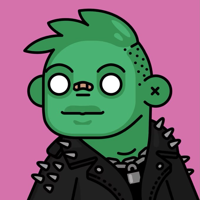 A digital illustration of a green-skinned character with spiky hair, blank white eyes, an X mark on their ear, and stitched freckles, wearing a black spiked leather jacket against a pink background.