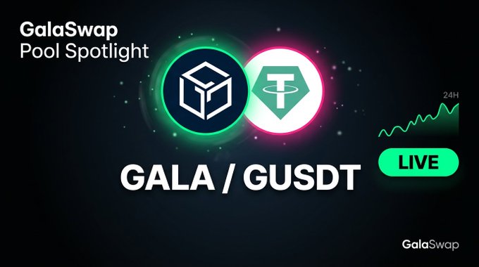 The image features a poster for GalaSwap Pool Spotlight with a focus on two cryptocurrencies, GALA/GUSDT and its pair counterpart TETH1. The poster contains text that highlights their relationship and provides information about their features. It also includes details about where to find the pool and the current price fluctuations in both currencies.