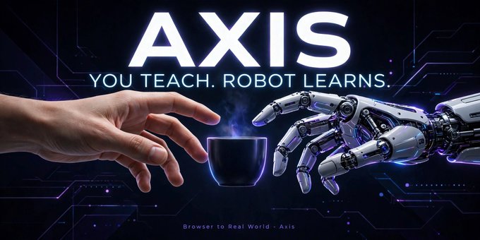 A futuristic promotional image showing a human hand reaching toward a robotic hand over a steaming cup, with the text 'AXIS - YOU TEACH. ROBOT LEARNS.' and 'Browser to Real World - Axis' displayed.
