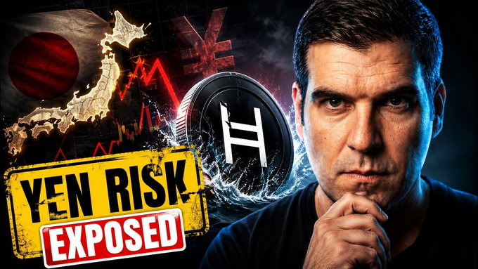 The image appears to be a YouTube thumbnail featuring a man in a thoughtful pose alongside the Japanese flag, a cryptocurrency coin, and bold text reading "YEN RISK! EXPOSED." It visually reinforces the video's warning about how fluctuations in the Japanese Yen could impact HBAR (Hedera) liquidity in the crypto market.