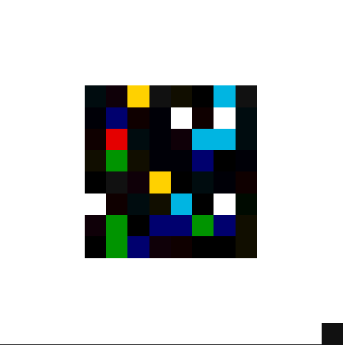 An abstract pixel art image featuring a grid of colorful squares including black, yellow, red, blue, green, and white.