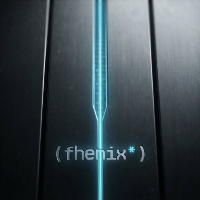 A dark metallic surface with a glowing blue vertical light beam down the center, displaying the text '(fhenix*)' in a futuristic font.