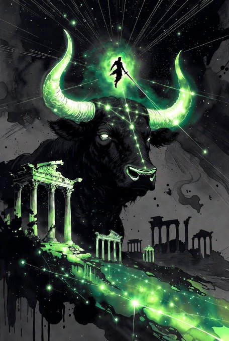 A digital illustration of a glowing green bull with large horns, with a silhouetted figure floating above it surrounded by green cosmic energy, set against a backdrop of ancient Greek-style ruins.