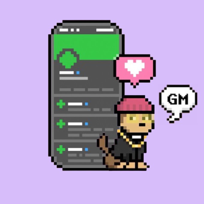 A pixel art illustration of a character with a red bandana and a staff standing next to a large smartphone displaying a chat interface, with a speech bubble saying 'GM' and a heart notification, all on a purple background.