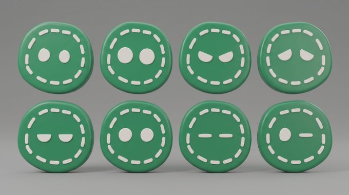Eight green circular emoji-style characters arranged in two rows, each displaying a different facial expression (happy, surprised, angry, sad, etc.) stitched with white dashed lines resembling buttons.