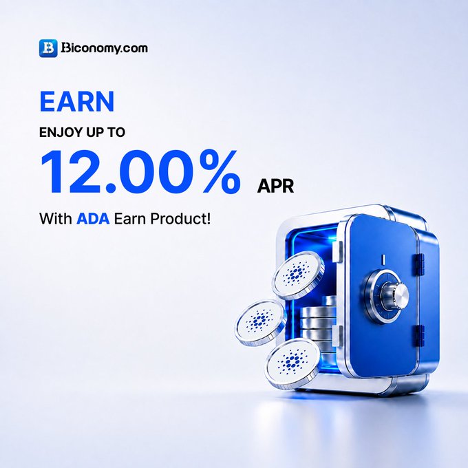 A Biconomy.com advertisement promoting 'EARN' with up to 12.00% APR using the ADA Earn Product, featuring a blue safe with Cardano (ADA) coins spilling out.