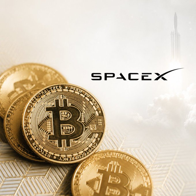 Golden Bitcoin coins sit beside the SpaceX logo with a rocket launching in the background, visually capturing the news of SpaceX's first small Bitcoin transaction in six months — a minor wallet test of just under $300 against its $1.16B BTC holdings.