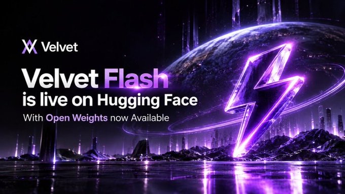 Promotional graphic for 'Velvet Flash' by Velvet, announcing it is live on Hugging Face with Open Weights now Available, featuring a purple lightning bolt design.