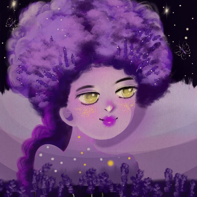 A digital illustration of a purple-skinned character with large golden eyes and voluminous purple hair resembling a galaxy, surrounded by floating butterflies and stars.