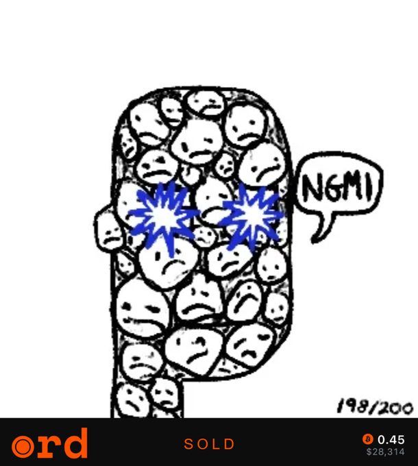A black-and-white digital illustration of a jar filled with sad faces, with two faces in the center showing starburst eyes, labeled 'NGMI' in a speech bubble, marked as SOLD for '0.45 $28,314'.