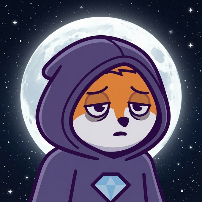 A sad, tired-looking Shiba Inu cartoon character wearing a purple hoodie with a blue diamond logo stands in front of a large full moon in a starry night sky, matching the "GN Gud Night!" message with its sleepy, ready-for-bed expression.