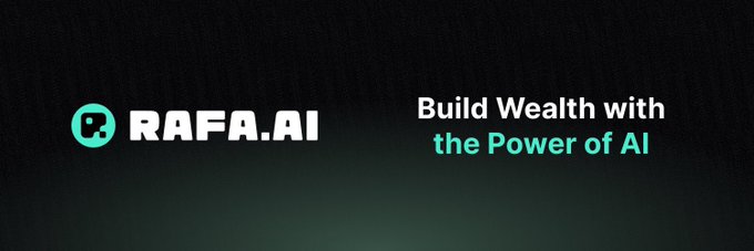 The image displays the RAFA.AI logo and tagline "Build Wealth with the Power of AI" on a dark background, supporting the post's introduction of RAFA.AI as an AI-powered trading platform that democratizes market insights previously exclusive to big funds.