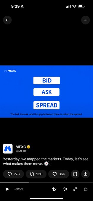 A mobile phone screen shows an X post from @MEXC featuring a blue graphic with the words 'BID', 'ASK', and 'SPREAD' explaining market terminology.