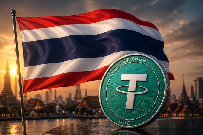 A composite image featuring a waving Thailand flag in the background with a large Tether (USDT) coin in the foreground against a sunset cityscape.