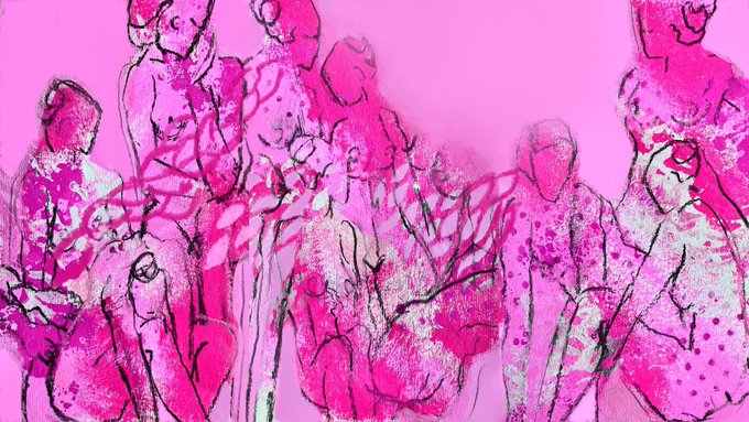 The image portrays a collection of silhouetted figures rendered in various shades of pink and white, with some figures more defined than others. It was created as a poster for the NFT.NYC 2026 event. The figures appear to be dancing in harmony reflecting a sense of unity and togetherness likely intended to capture and celebrate the vibrant urban culture associated with NYC.