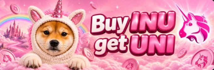 A colorful promotional banner featuring a dog dressed as a unicorn with the text 'Buy INU get UNI' alongside a unicorn logo.
