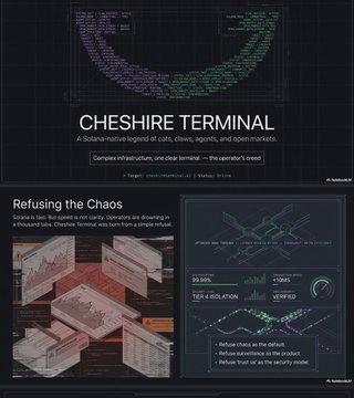 A website screenshot titled 'CHESHIRE TERMINAL' describing itself as 'A Solana-native legend of cats, claws, sigmas, and open markets,' featuring an article titled 'Refusing the Chaos' alongside trading dashboard graphics.