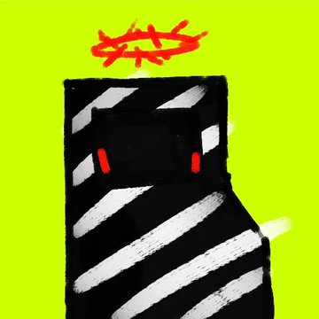A simple, stylized illustration shows a black figure with white diagonal stripes and red eyes, topped with a red scribbled crown, set against a bright lime-green background.
